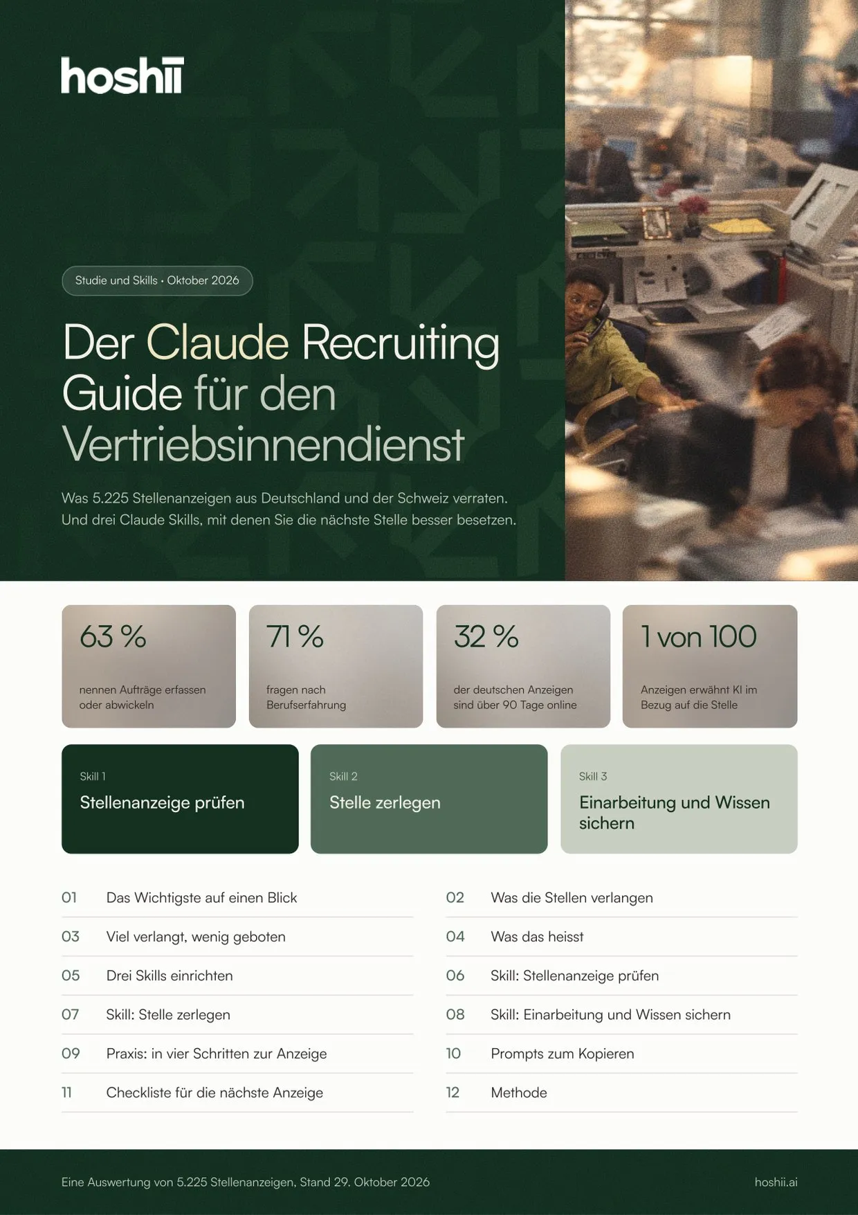 Titelseite des Claude Recruiting Guide für den Vertriebsinnendienst von Hoshii, dahinter eine Innenseite