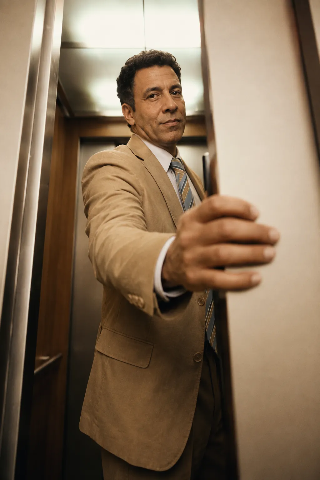 A man in a suit holding a lift door open