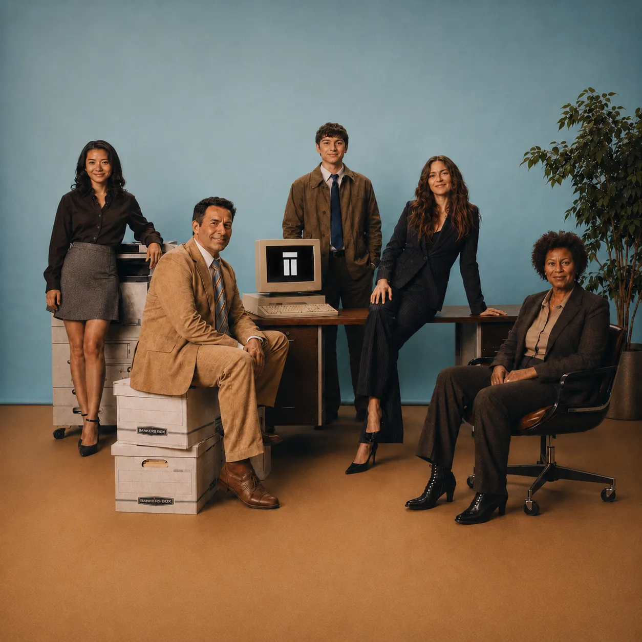 The same five people at the same desk, the paper gone