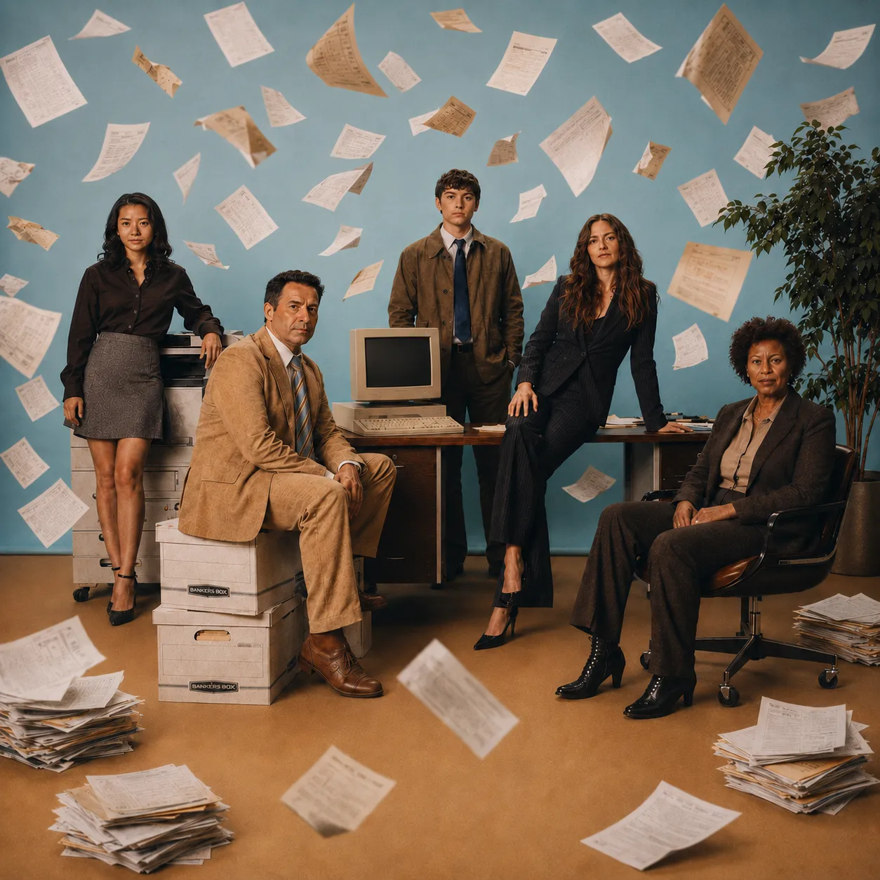 Five people at an order desk, paper flying around them