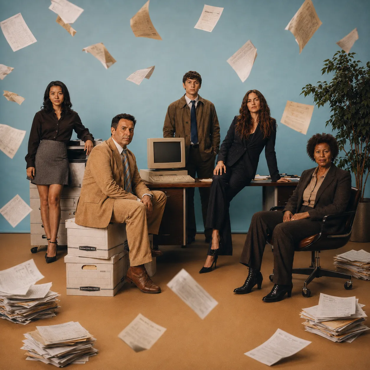 Five people at an order desk, paper flying around them