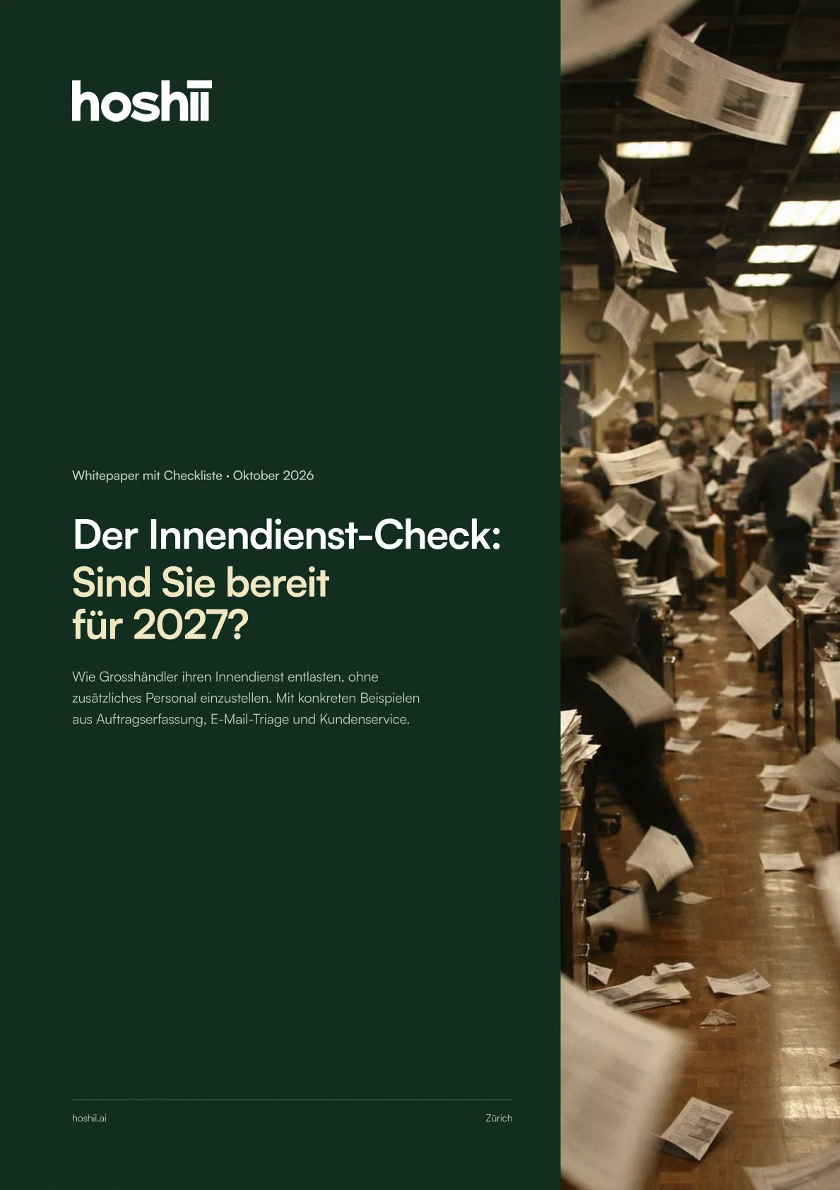 Titelseite des Guides „Der Innendienst-Check: Sind Sie bereit für 2027?“ von Hoshii, dahinter die Seite mit der Checkliste