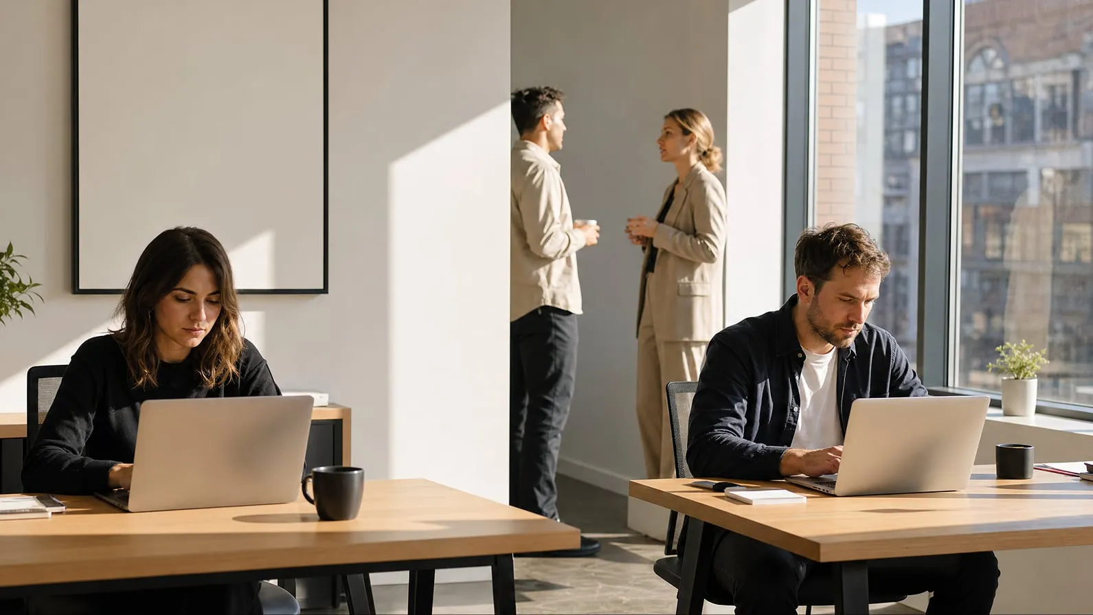 Menschen arbeiten in einem hellen Büro an Laptops, im Hintergrund sprechen zwei Personen miteinander.
