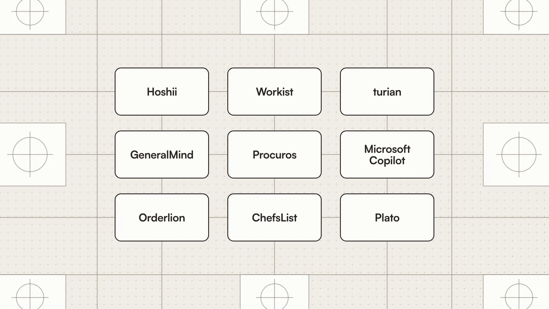 Die neun Lösungen im Vergleich: Hoshii, Workist, turian, GeneralMind, Procuros, Microsoft Copilot, Orderlion, ChefsList und Plato.