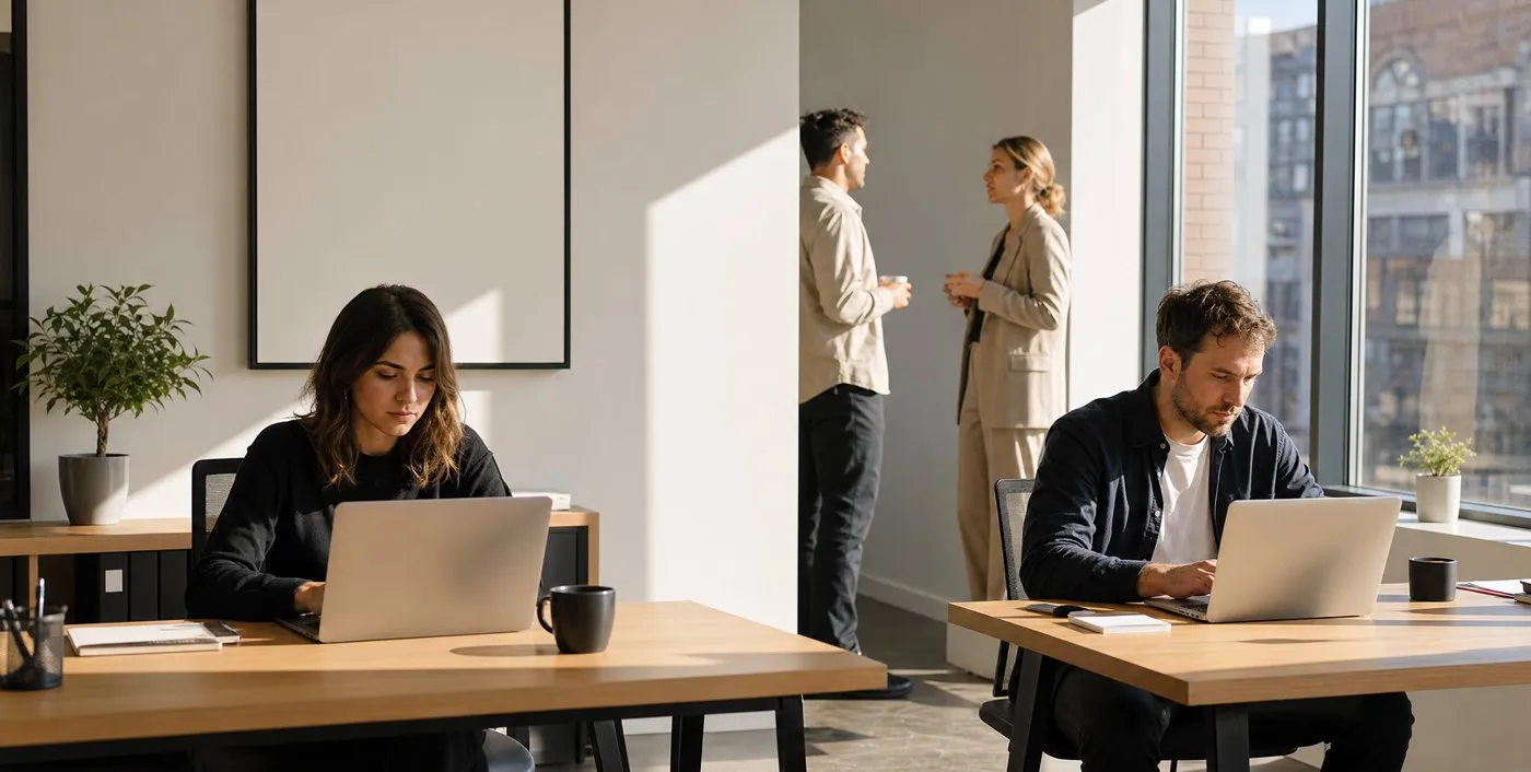 Ein Büro, zwei Kolleginnen im Gespräch, zwei Menschen am Laptop